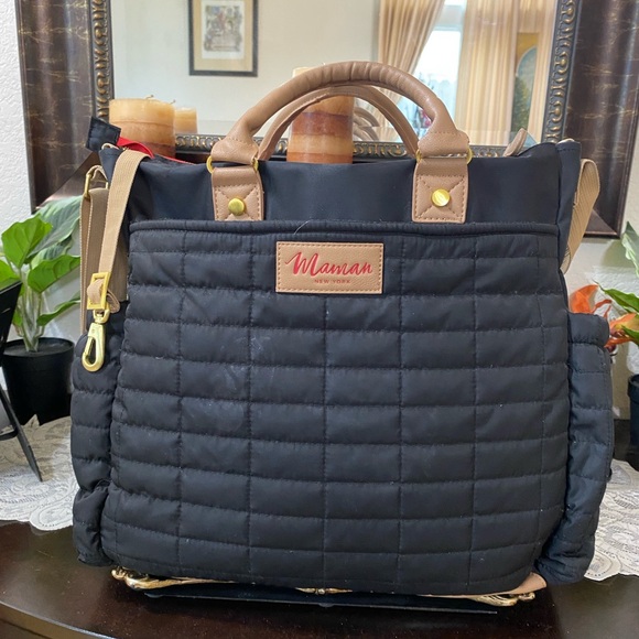 Maman New York Black Quilted Tote Baby Bag with Tan Straps - Picture 3 of 14